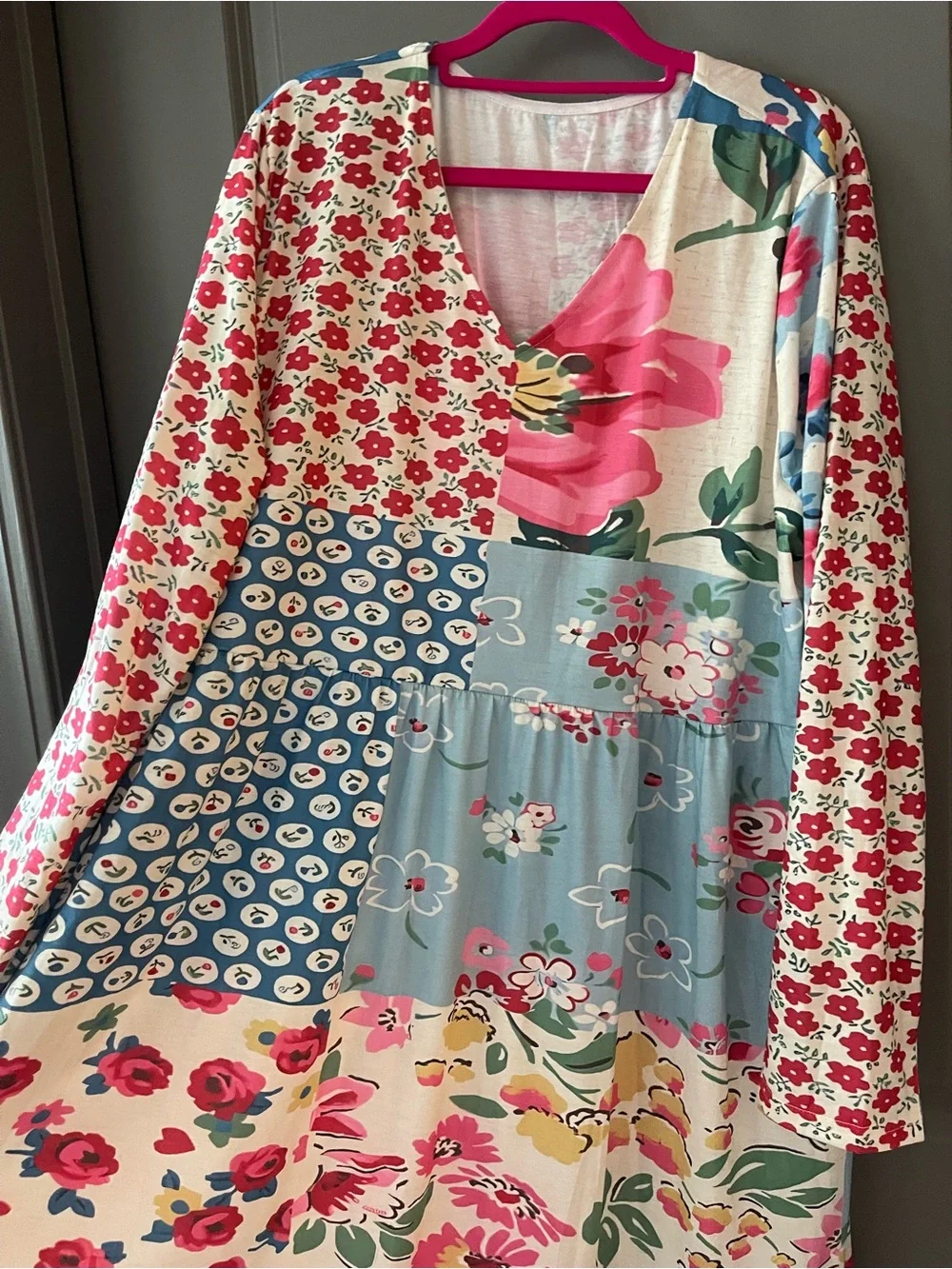 Floral Patchwork Long Sleeve Maxi Dress - Pink & Blue